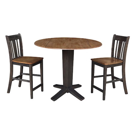 International Concepts 42 in. Solid Wood Dual Drop Leaf Dining Table with 2 Counter Height Stools in Hickory/Washed Coal K45-42DPT-23B-S102-2